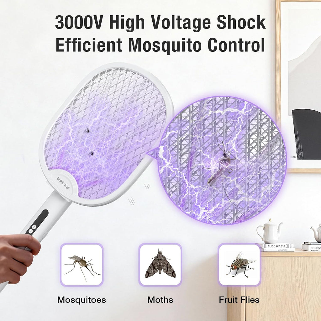 Electric Fly Swatter Racket, Foldable 2 in 1 Bug Zapper 3000V Powerful Mosquito Killer with Purple Attractant Trap