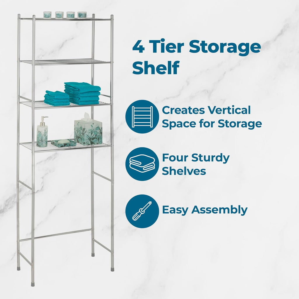 4-Tier Over-The-Toilet Storage Shelf - Space-Saving Steel Bathroom Restroom Organizer with Neutral Chrome Finish