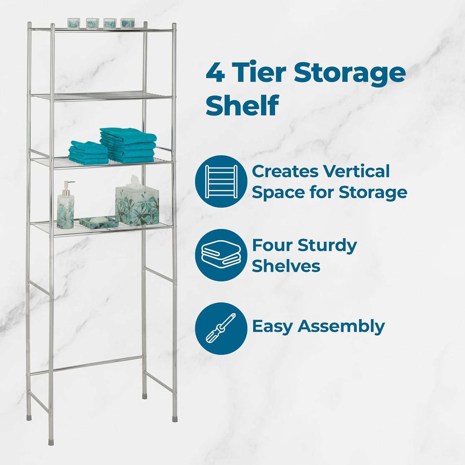 4-Tier Over-The-Toilet Storage Shelf - Space-Saving Steel Bathroom Restroom Organizer with Neutral Chrome Finish