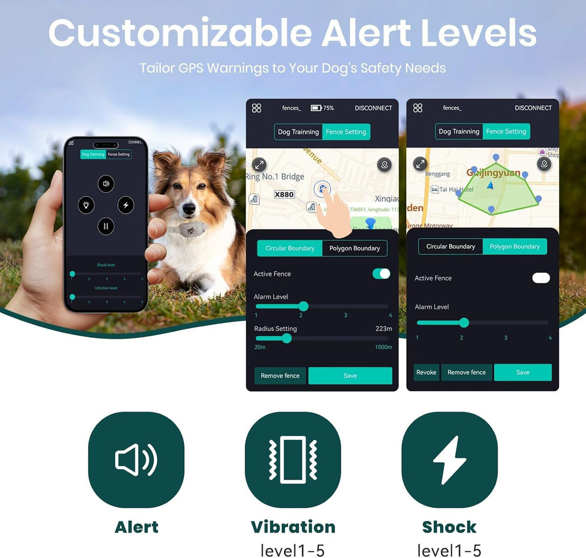 GPS Dog Fence, Wireless Training Collar- No Subscription Required, Customizable Boundaries via App 3280 FT, IPX7