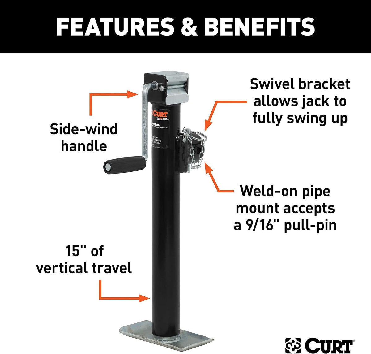 28324 Weld-On Pipe-Mount Swivel Trailer Jack, 2,000 lbs., 15 Inches Vertical Travel