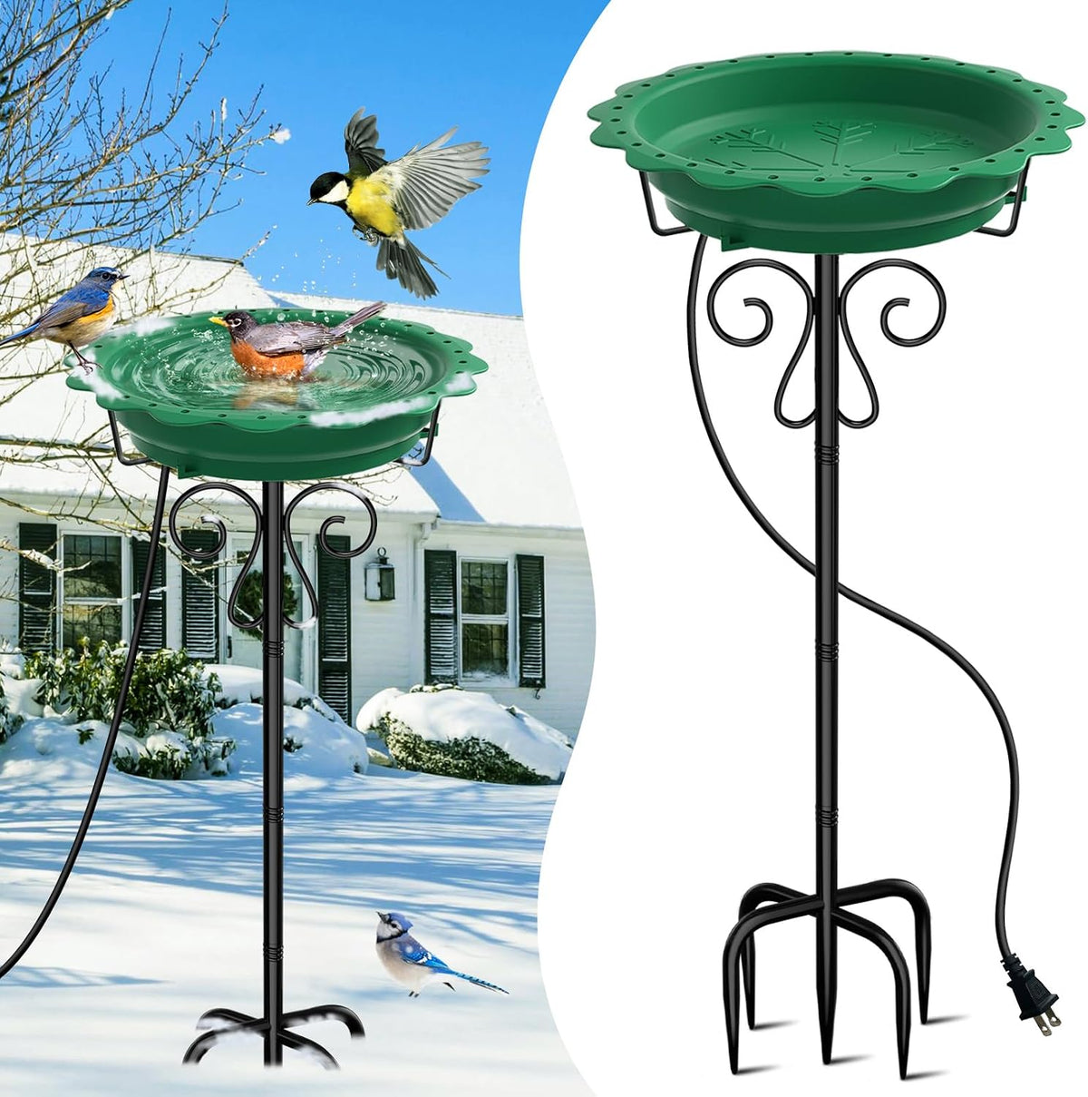 100W Heated Bird Bath for Outdoors, Heated Birdbath Water Heater, Green