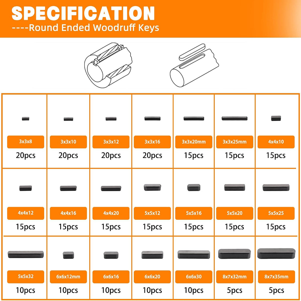 530pcs Metric Carbon Steel Woodruff Key Assortment Kit with 37 Sizes