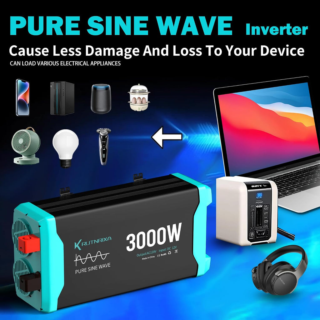 3000W Pure Sine Wave Inverter Peak 6000w 12V DC to 120V AC for RV, Truck, Off-Grid, Home, Solar Car Power Inverter