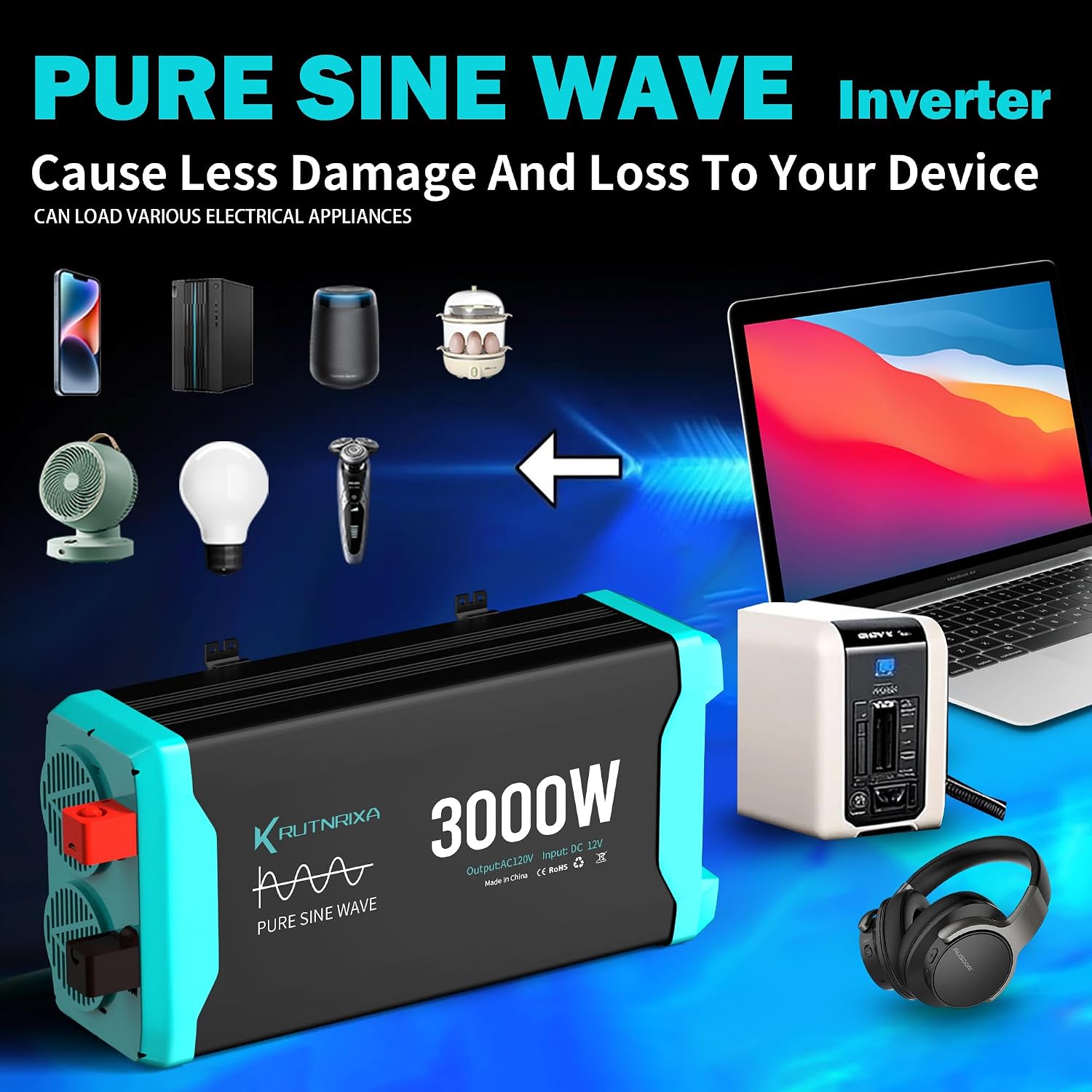 3000W Pure Sine Wave Inverter Peak 6000w 12V DC to 120V AC for RV, Truck, Off-Grid, Home, Solar Car Power Inverter