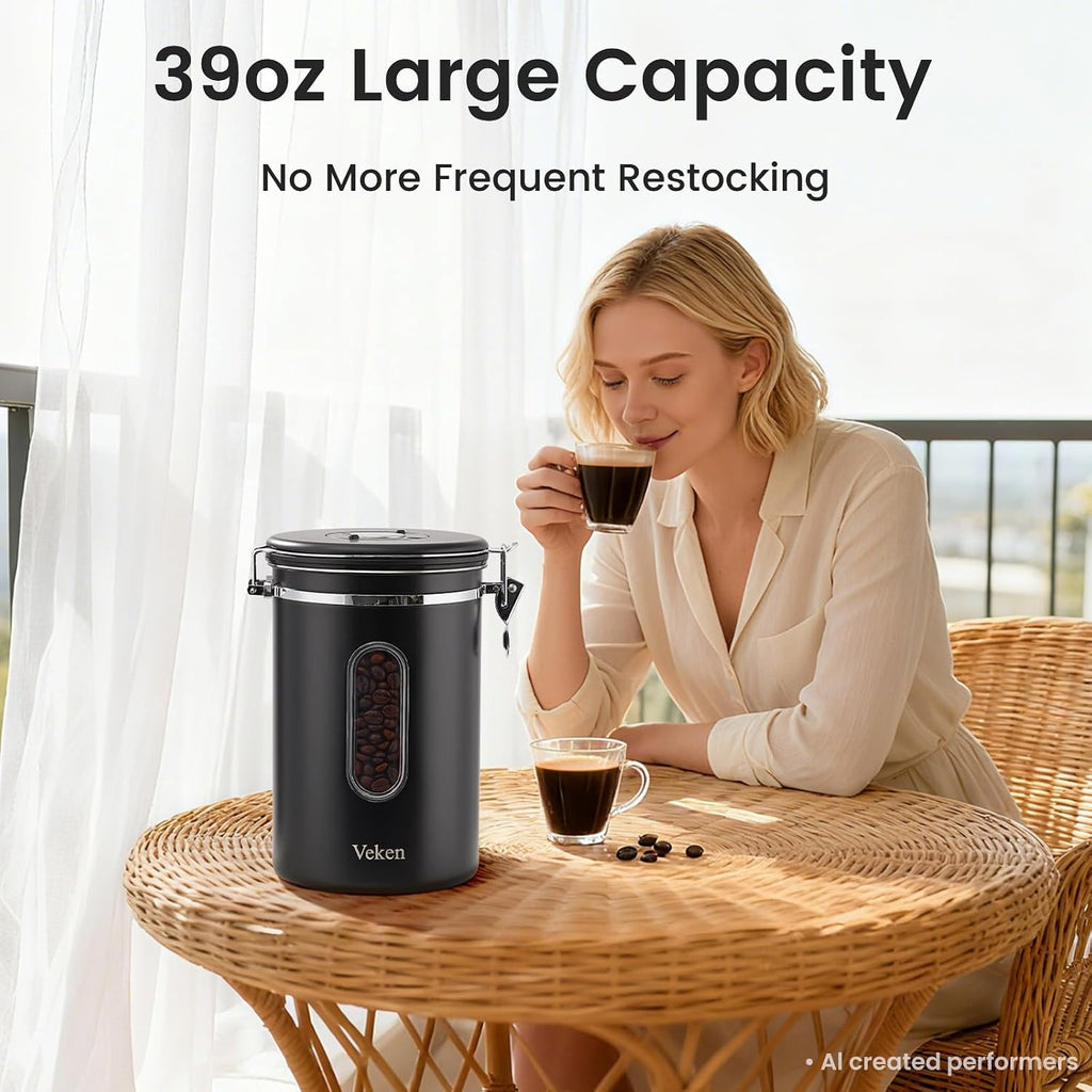 Coffee Canister with Window, 39OZ Large Airtight Stainless Steel Jars | Kitchen Food Storage Pantry Container for