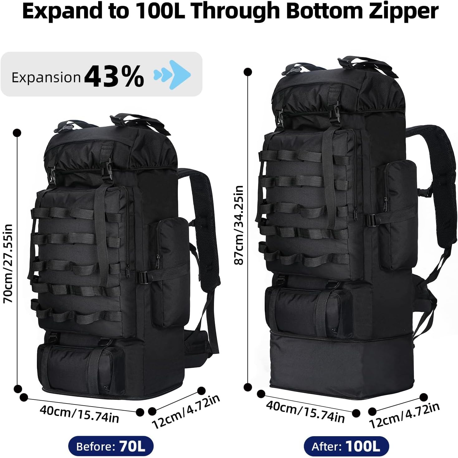 70L/100L Camping Hiking Backpack with Rain Cover, Expandable Large Military Tactical Backpack, Waterproof Molle