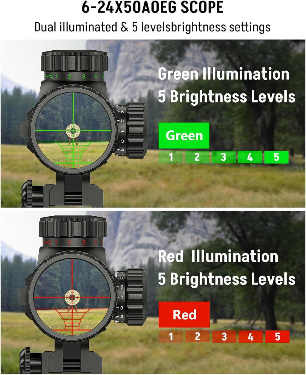 6-24x50 AO Rifle Scope Combo, Dual Illuminated Scope Optics with Holographic Red & Green Dot Sight, IIIA/2MW Laser