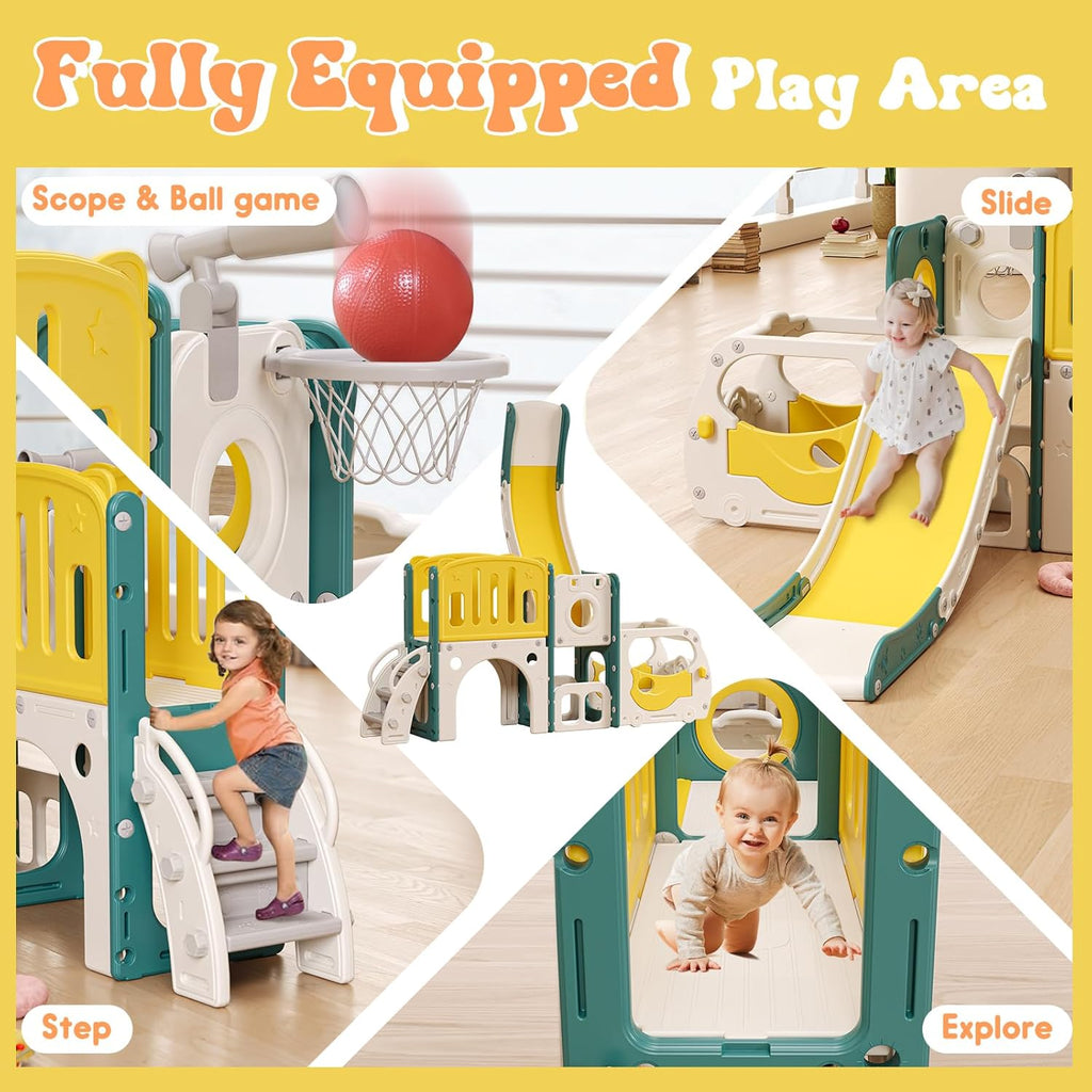 Toddler Slide Kids Slide Playset for Babies Bus Themed Toddler Playground with Climber Baskteball Hoop Indoor