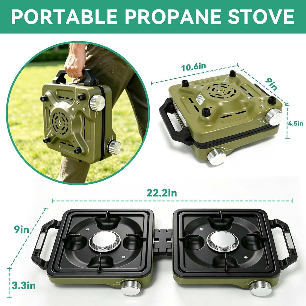 2 Burner Portable Camp Stove, 24000 BTU Propane Camping Stove with Windshield, Folding Gas Stove with Carry Bag
