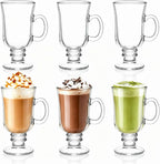 6 Pack Irish Coffee Mugs, 8 oz Glass Clear Coffee Cups Stemmed, Pedestal Crystal Coffee Cup with Handle for