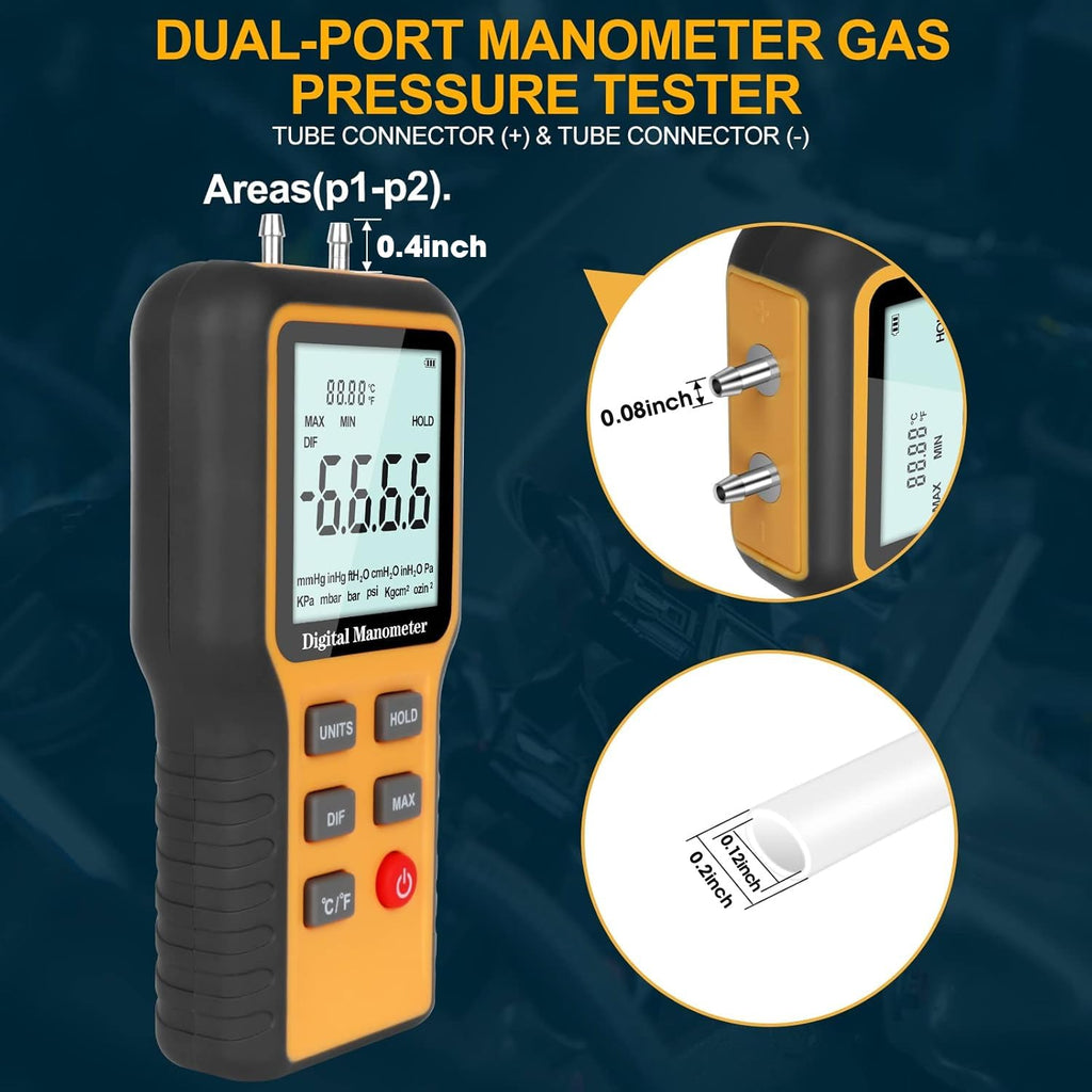 Manometer, Professional Air Pressure Meter, Dual-Port HVAC
