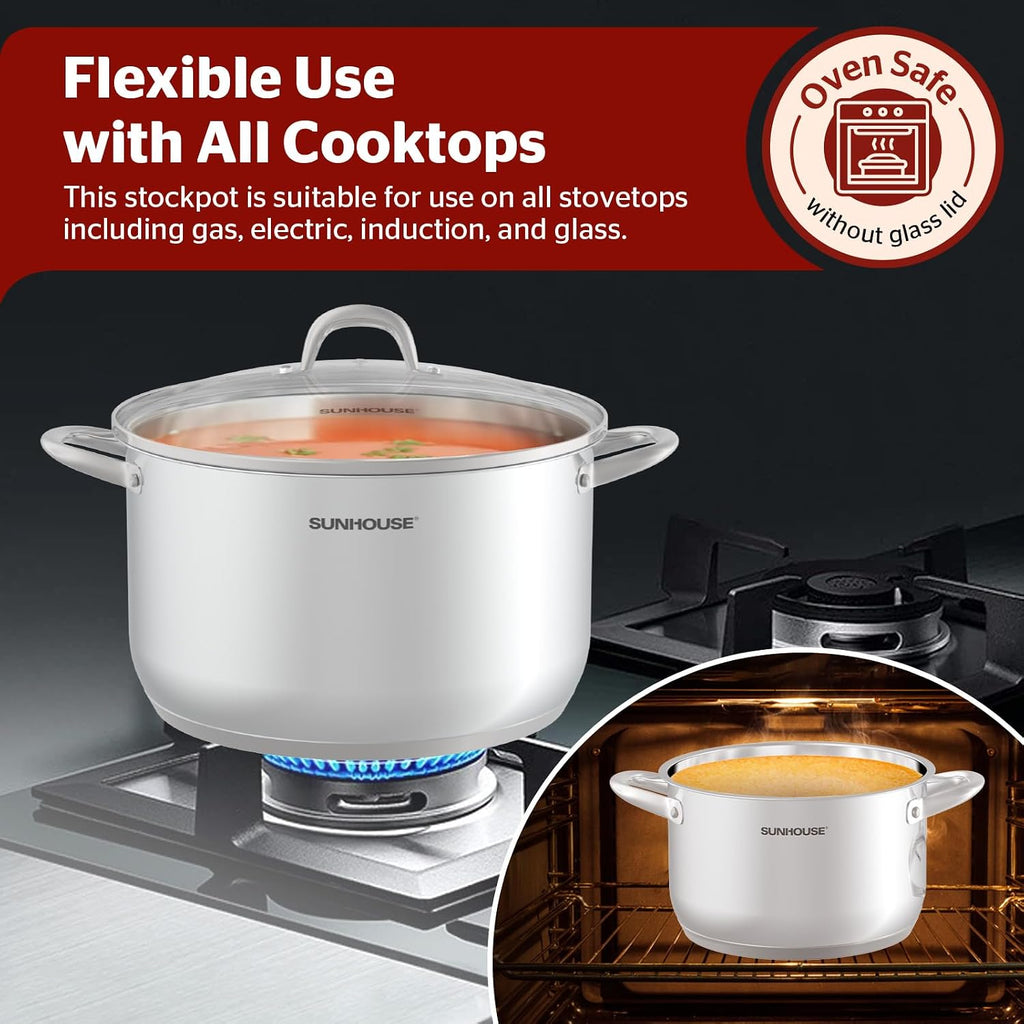 : Stainless Steel Stock Pot - 16 Quart - Tempered Glass Lid, 3-Ply Bottom, Soup-Pasta-Food, Boil-Simmer, All