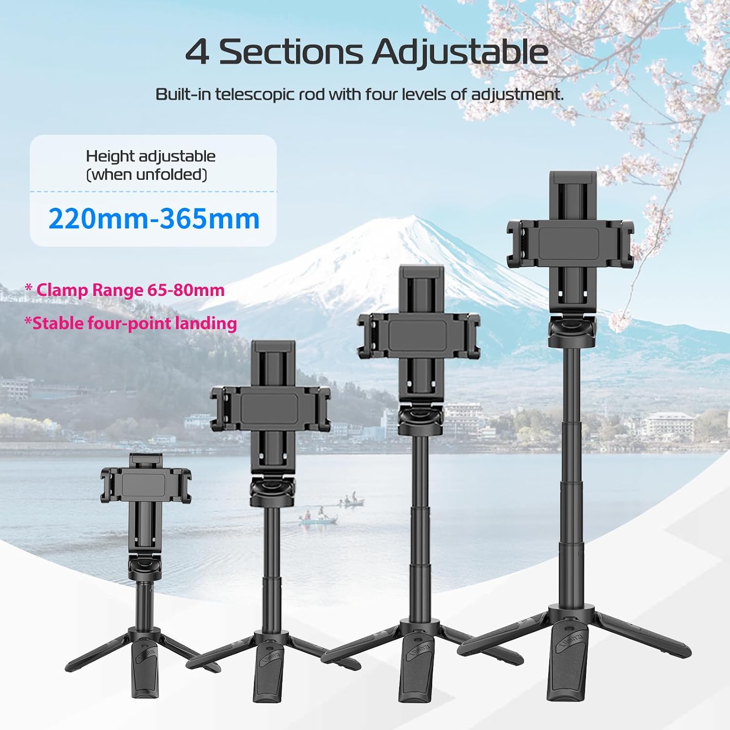 JJ02 Selfie Stick Tripod, Portable Pocket Size Phone Tripod Holder | 3-in-1 Mini Phone Grip, Detachable Remote, 2