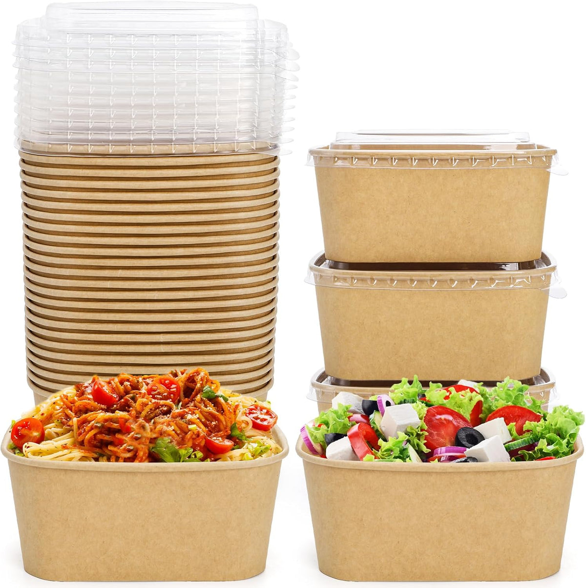 50 Pack Compostable Rectangular Kraft Paper Bowls, 32 Oz Disposable Cardboard Meal Prep Container with Lid, Microwave