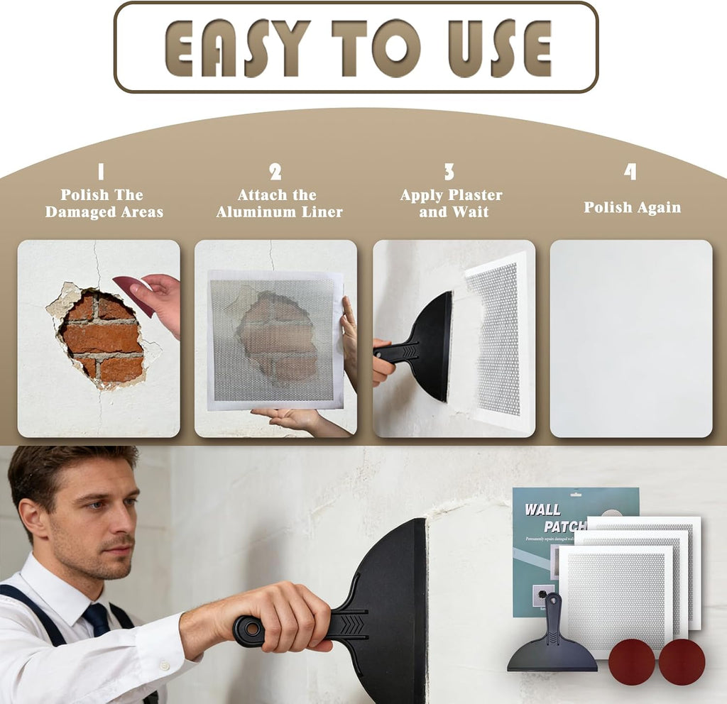 Drywall Repair Kit, 3 Pcs, 12x12in Self-Adhesive Patch with Sandpapers and Scrapers, Quick Fix for Large Holes