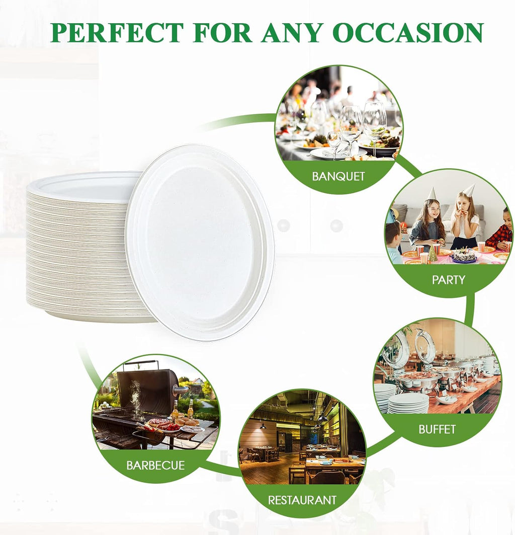 100% Compostable Oval Paper Plates 12 inch 125 Pack, White