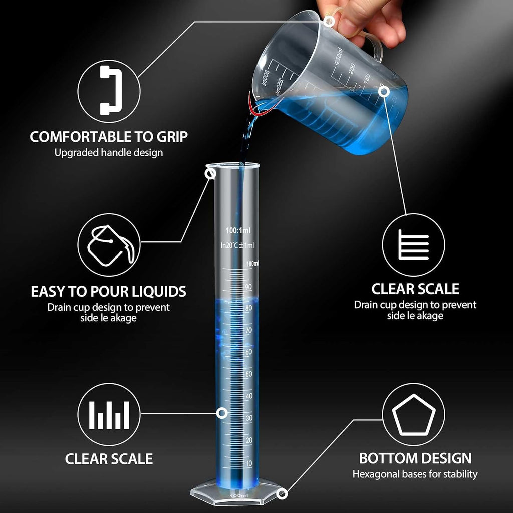 Upgraded Plastic Graduated Cylinders and Beakers, 10-1000ml 15PCS | 4 cylinders (10/25/50/100ml), 5 beakers