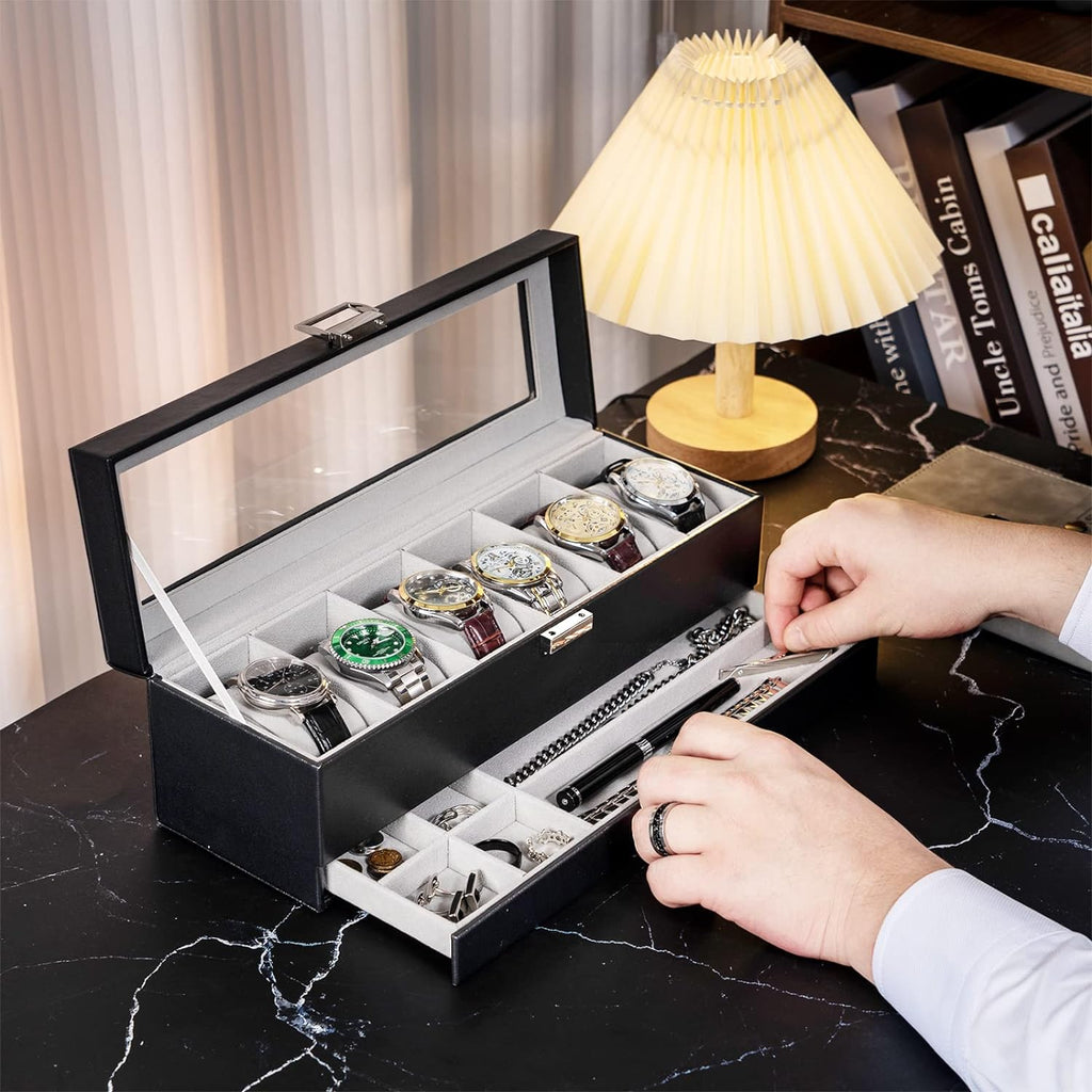 Watch Box, 6 Slot Watch Display Case with Drawer -Black | Mens Watches Case with Glass Lid, 2-Layer Mens Jewelry