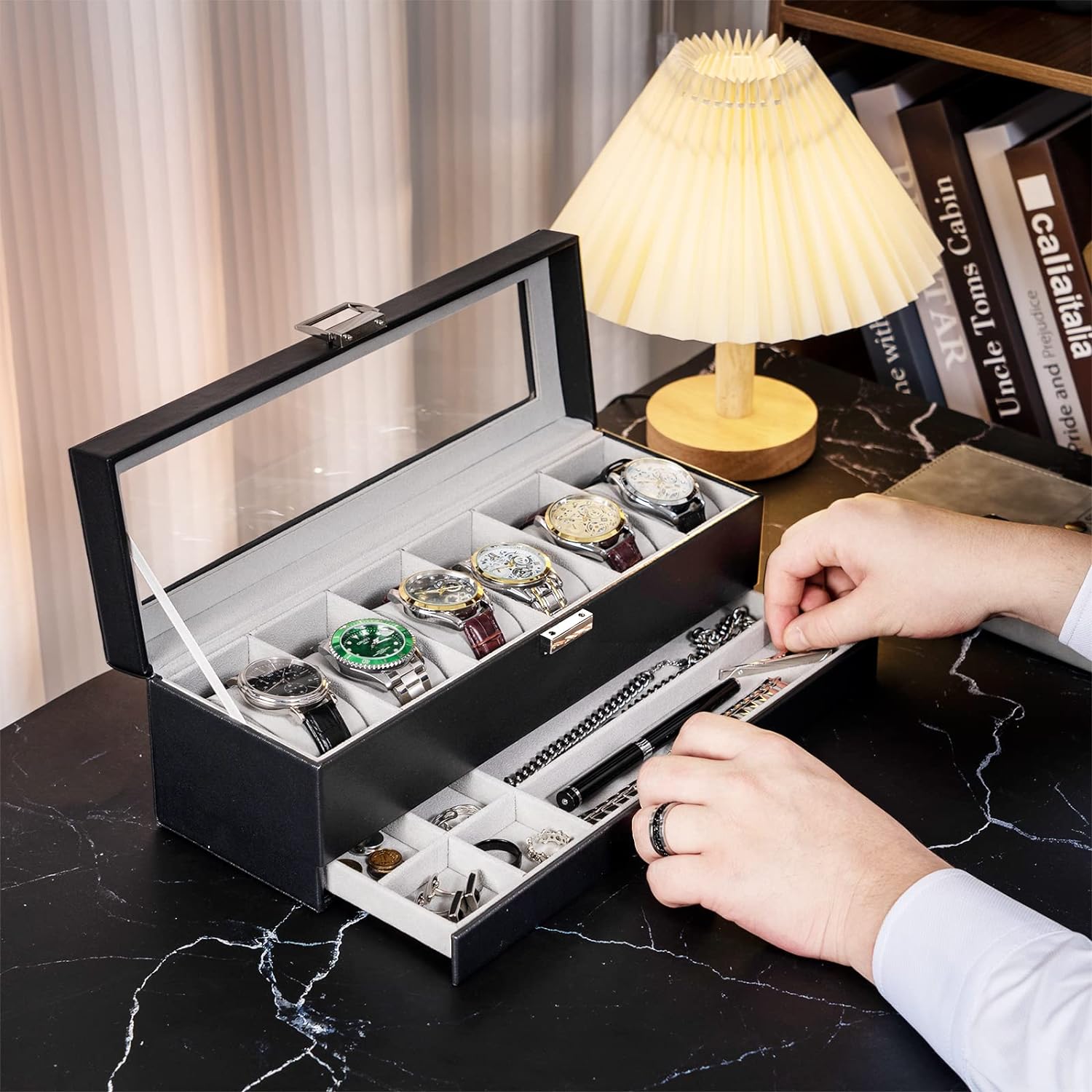 Watch Box, 6 Slot Watch Display Case with Drawer -Black | Mens Watches Case with Glass Lid, 2-Layer Mens Jewelry