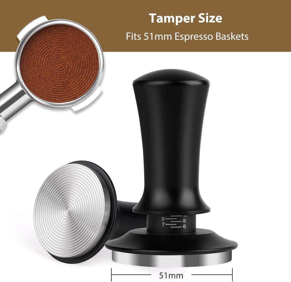 51mm Spring Loaded Depth Adjustable Espresso Tamper for Portafilter | Spring Loaded Mechanism, Depth Adjustable Knob