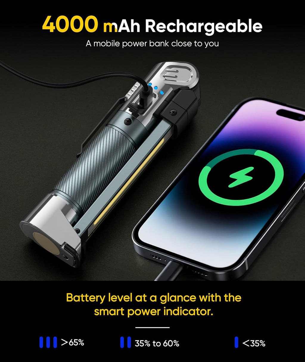 Magnetic Work Light - 4000mAh Rechargeable Work Light with Hook Design, 1200 Lumens Mechanic Light, 3 Lighting Modes