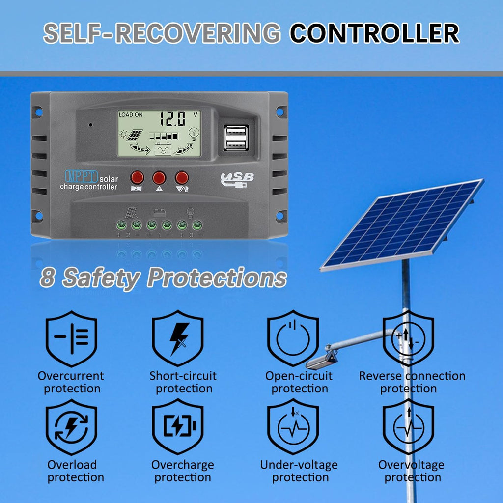 [Upgraded] 30A MPPT Solar Charger Controller 12V/24V Solar Panel Battery Intelligent Regulator with LCD Display, Dual