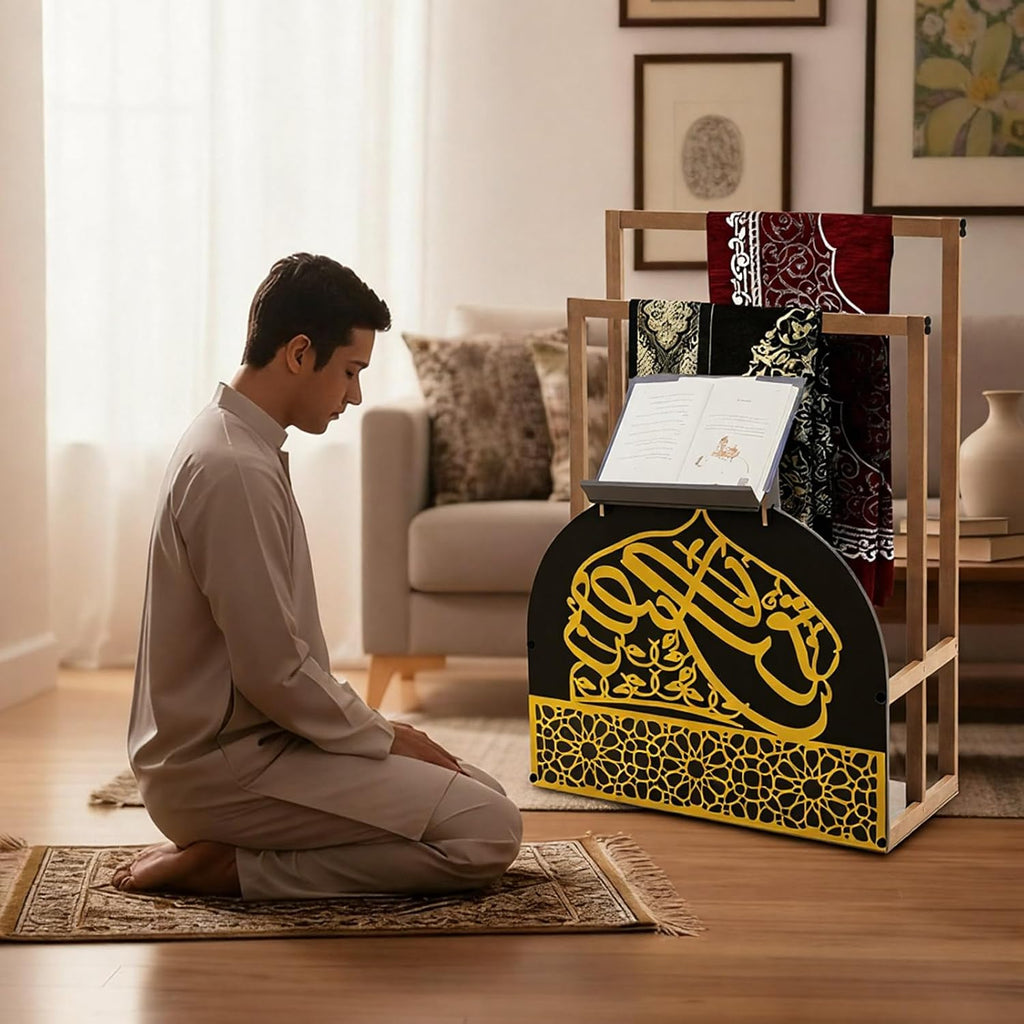 Wooden Quran Stand and Prayer Mat Holder with Arabic Calligraphy, Black Gold Islamic Home Decor for Room, Quran Book