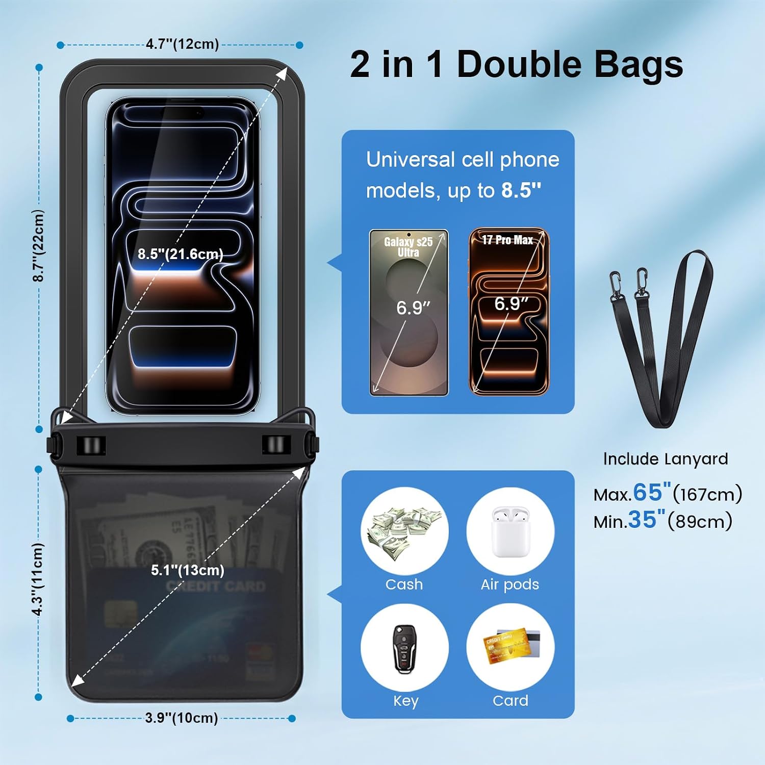 IPX8 Waterproof Phone Pouch 2 Pack, [Up to 8.5''] Double Space Waterproof Phone Case with Lanyard for iPhone 17 16 15