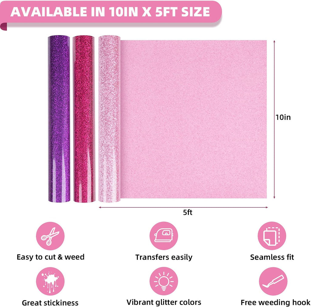 Glitter HTV Heat Transfer Vinyl Bundle, 10" x 5FT, 12 Rolls | Glitter Iron on Vinyl, Easy to Cut Iron on Vinyl for