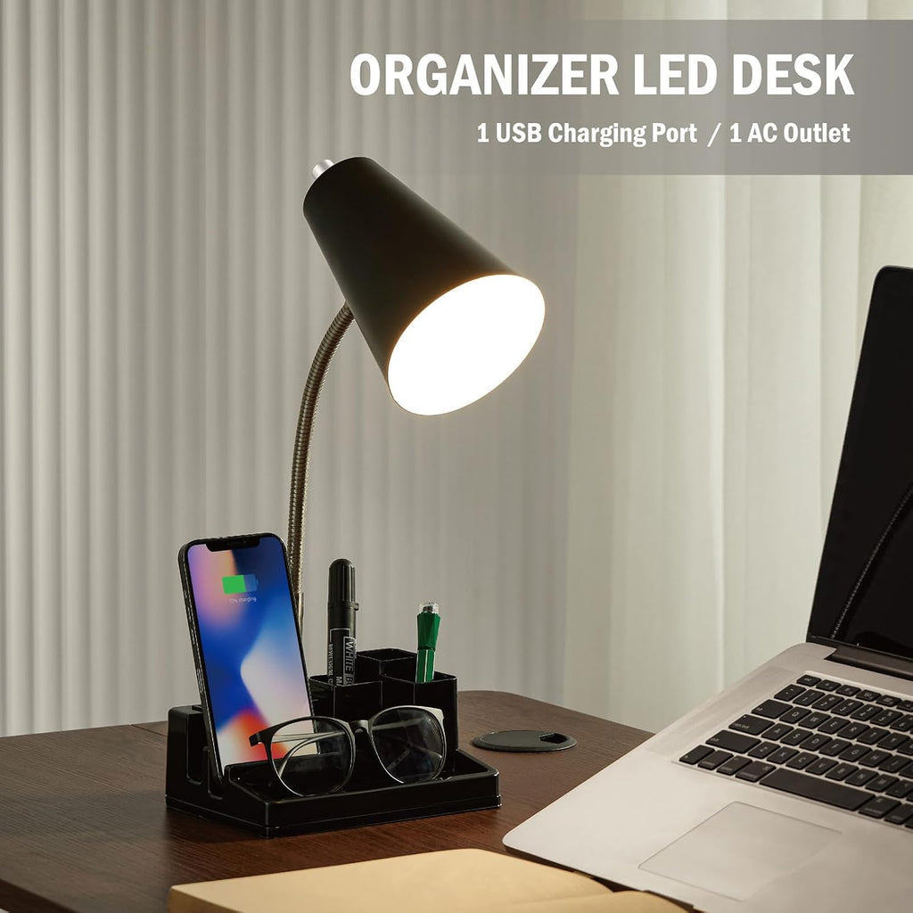 E26 Desk Lamp with 1 USB Charging Port and 1 AC Outlet, Organizer Base, Adjustable Neck, On/Off Switch, Modern Table