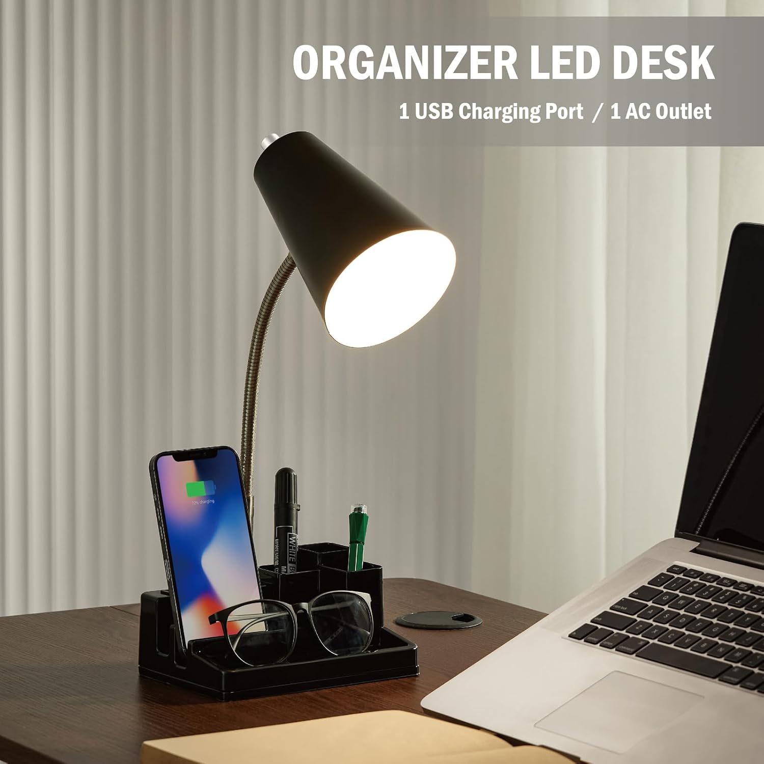 Small Desk Lamps for Home Office, Table Lamp with USB Port and Outlet, Desktop Lamp with Pen Holder, Flexible Neck