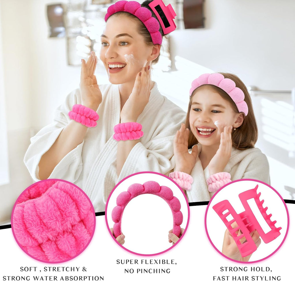 Pink Rose Red Spa Headband And Wristband Set Skincare Headband For Washing Face Hair Claw Clips For Thick Hair Cute