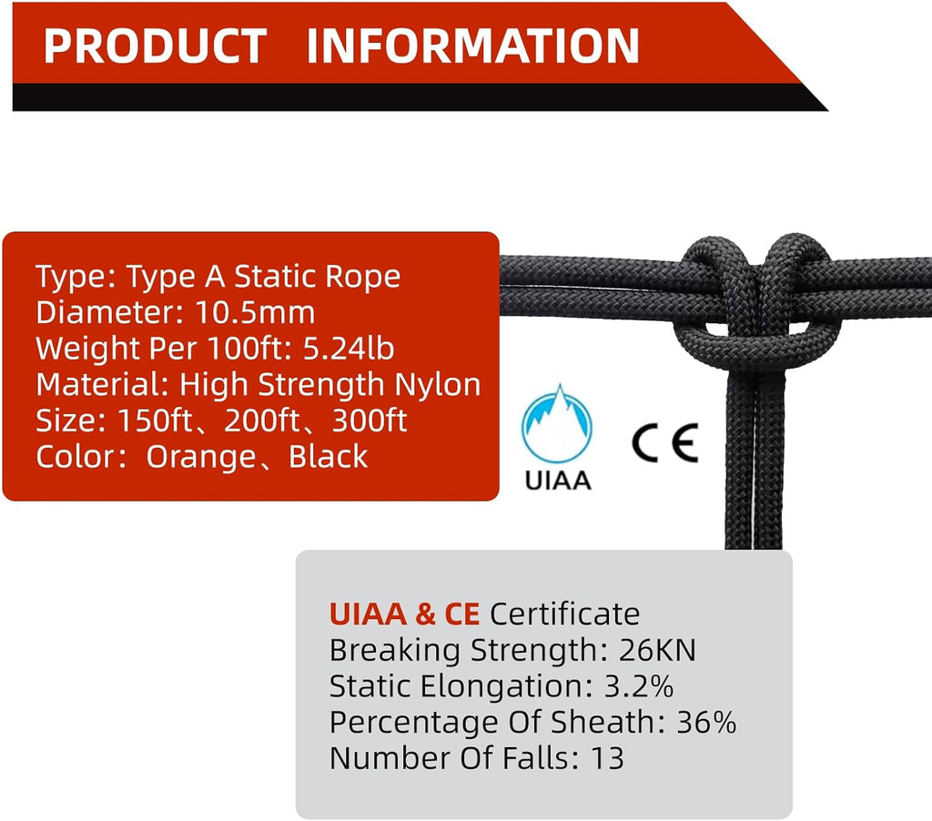 UIAA Static Climbing Rope 10.5mm, 45M(150FT) Black Nylon Rope | Kernmantle Rope, Rappelling Rope