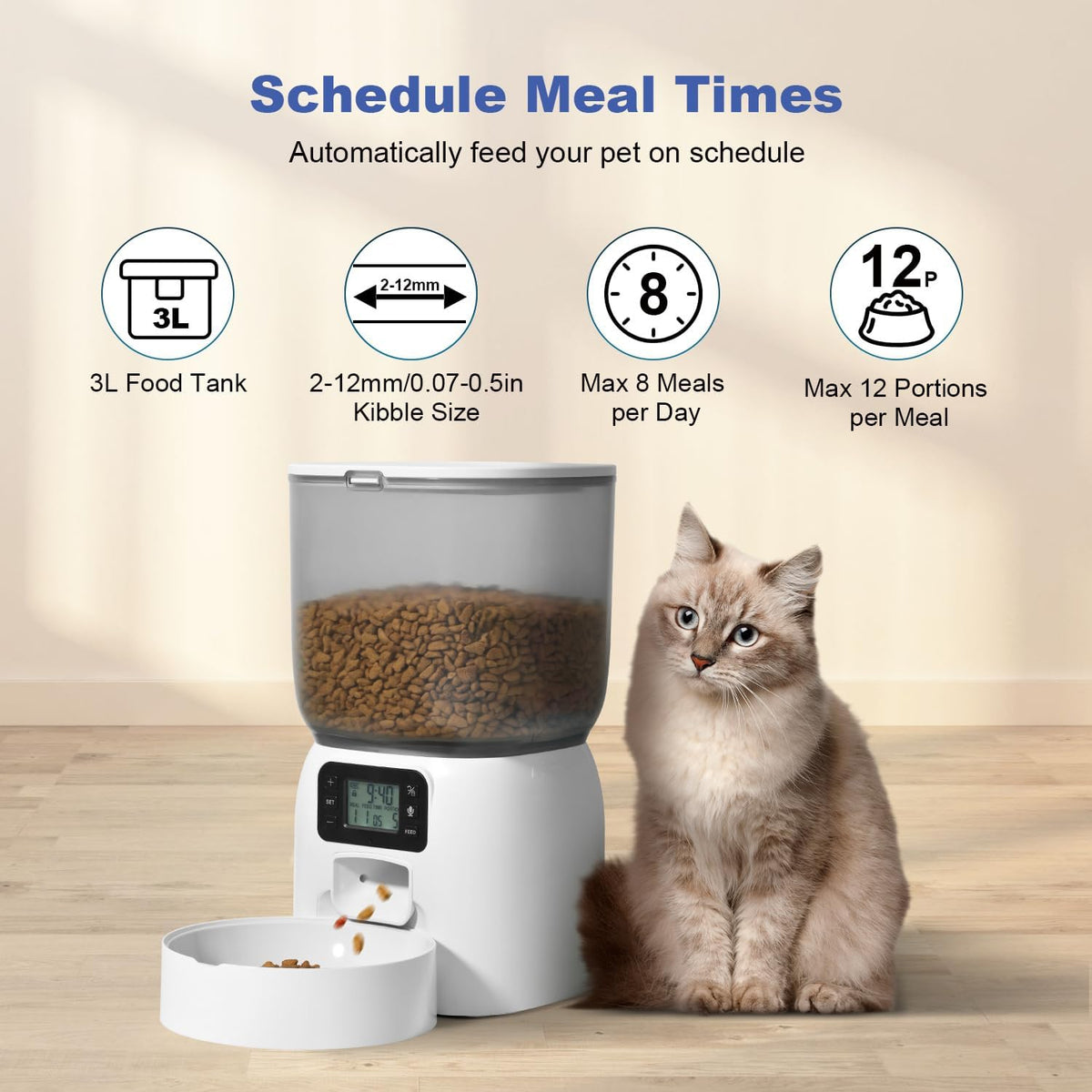 Automatic Cat Feeder, 3L Cat Food Dispenser with 10s Voice Recorder, Pet Feeder up to 8 Meals per Day, Timed Dog Feeder