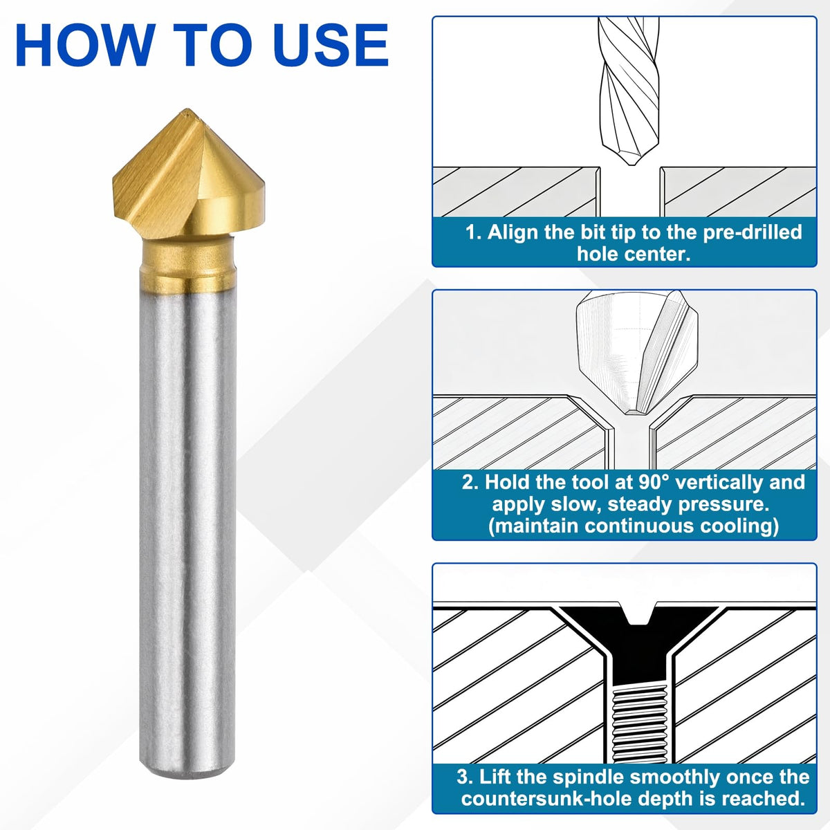 Workkyma M2 Cobalt Countersink Drill Bit 12.4mm Single Flute 90 Degree HSS
