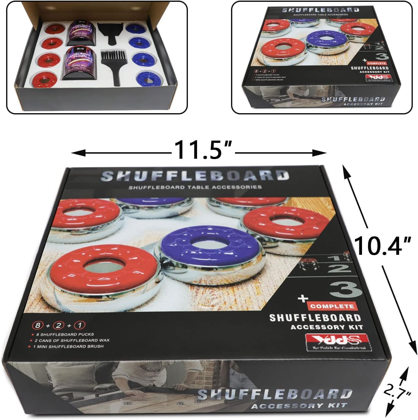 Shuffleboard Pucks and Sand Set - 2 1/8" Table Pucks with 2 Cans Wax | 2 Cans Medium Speed shuffleboard Sand and 53mm