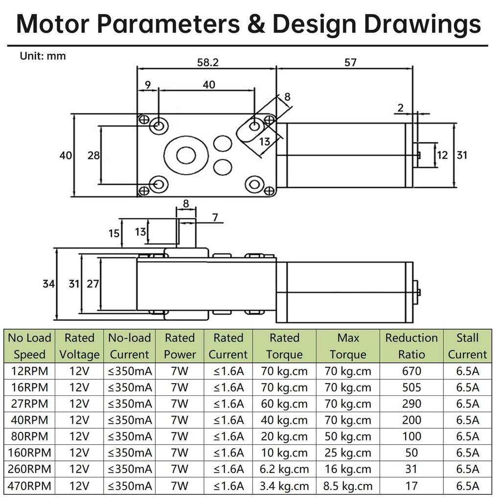 ZVKV 12V DC Worm Gear Motor with Bracket, Couplings Forward‑Reverse Switch