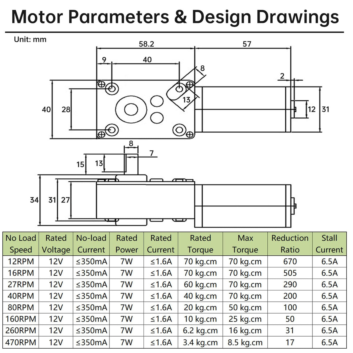 ZVKV 12V DC Worm Gear Motor with Bracket, Couplings Forward‑Reverse Switch