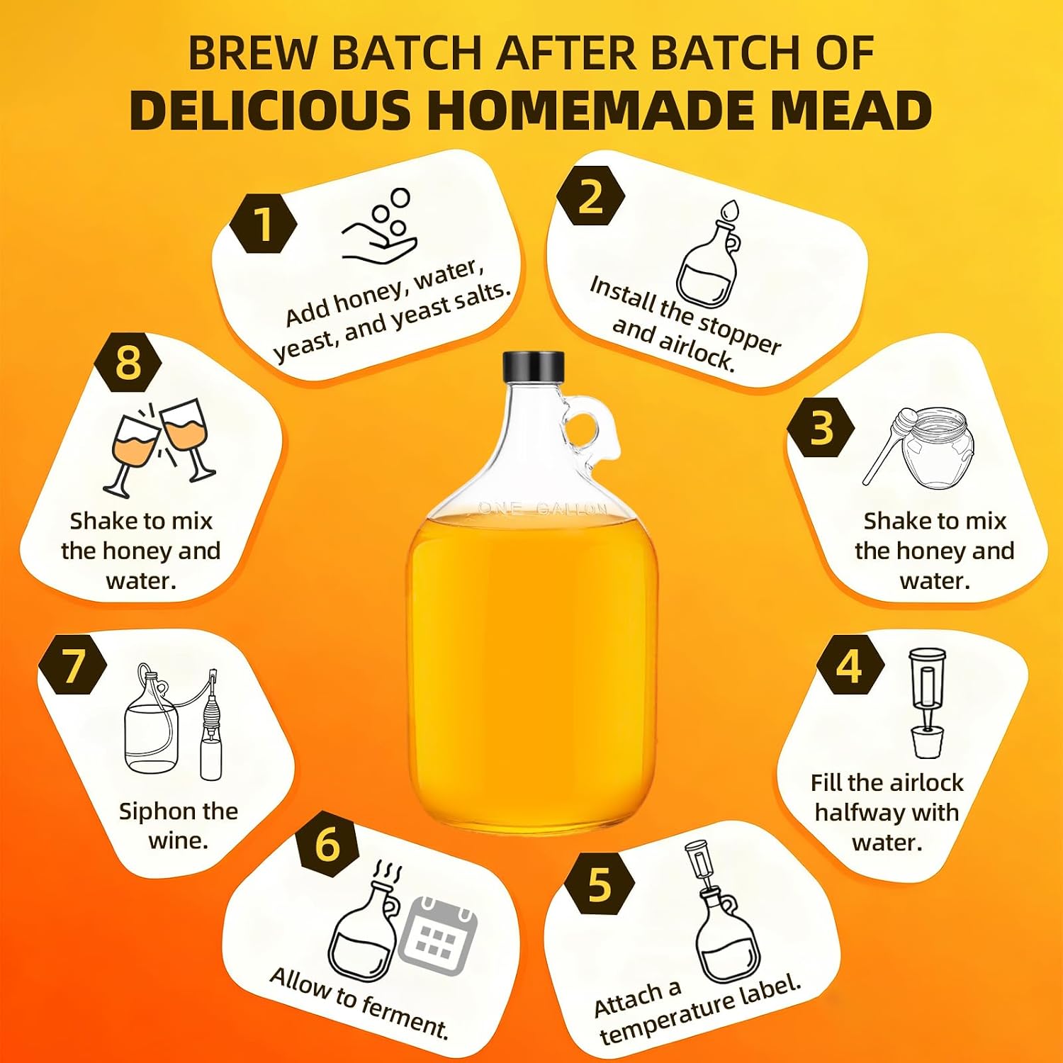 Mead Making Kit for Beginners 1 Gallon Home Brewing Kit with Glass Fermentation Jar Siphon Airlock Stopper