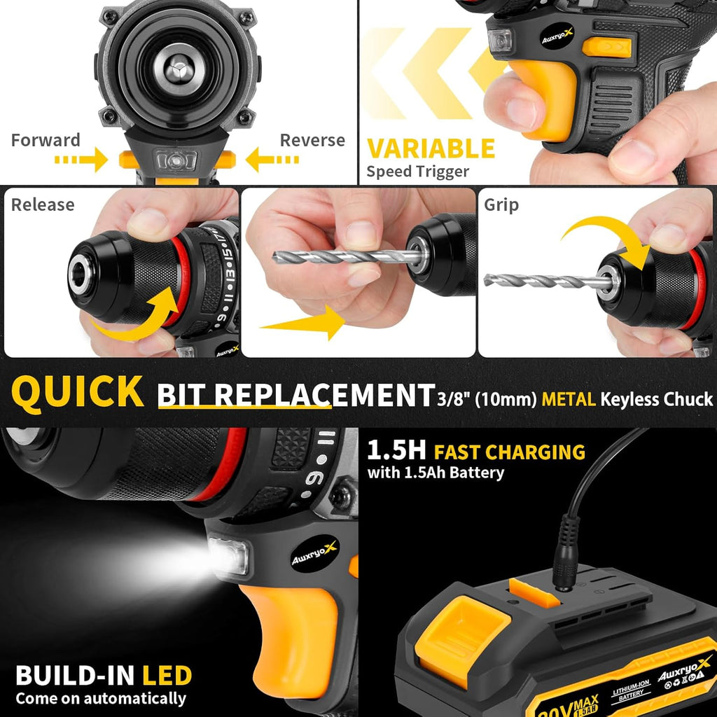 Brushless Compact Drill Tool Set, 60N.m 20V Cordless Drill Tool Box with 2 Battery, 135Pcs Man Household Combo Set