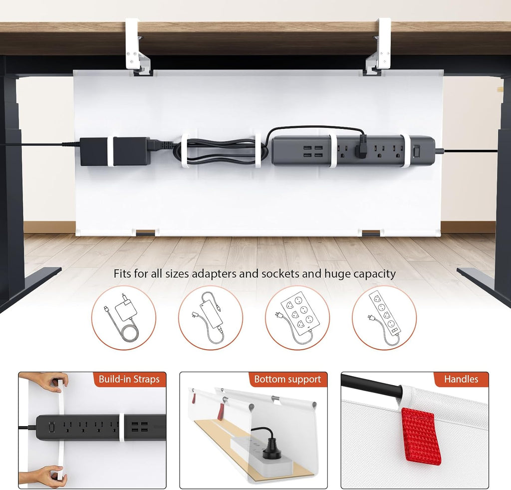 No Drill Under Desk Cable Management Tray, 28 inch Cable Management | Clamp/Screw Mount Cable Management Desk