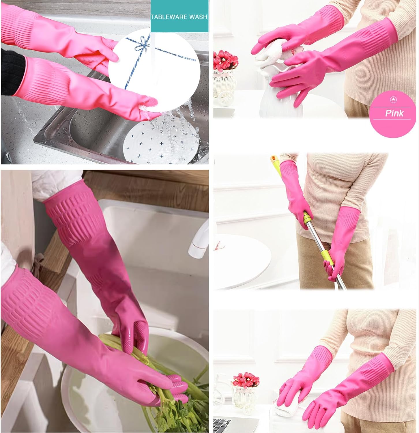 3 Pairs of Rubber Dishwashing Gloves for Kitchen and Household Cleaning – Long Cuff 15", Reusable, Flexible