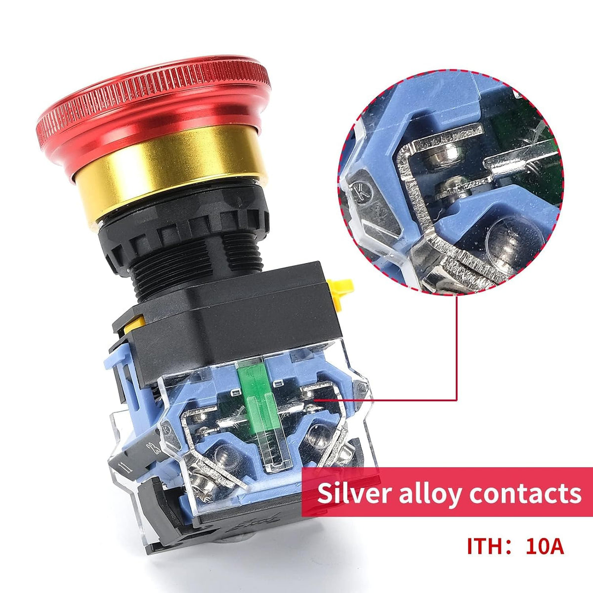 Emergency Stop Button 10A 440V Latching Push Button Switch, 22mm Aluminum Alloy Round E-Stop Button IP65 Waterproof Self-Locking Shut Off Switch