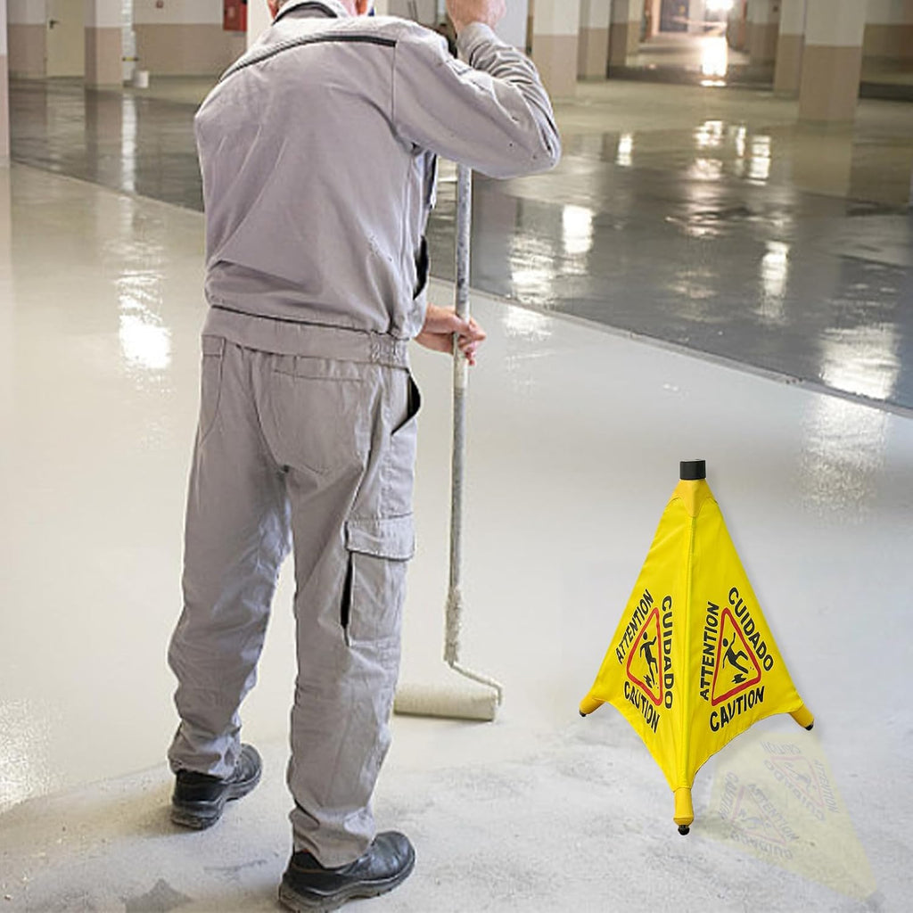 Wet Floor Signs - 2PCS Pop UP Bilingual Yellow Cones Wet Floor Sign with Wall Mounted Storage Tube Foldable, Slip