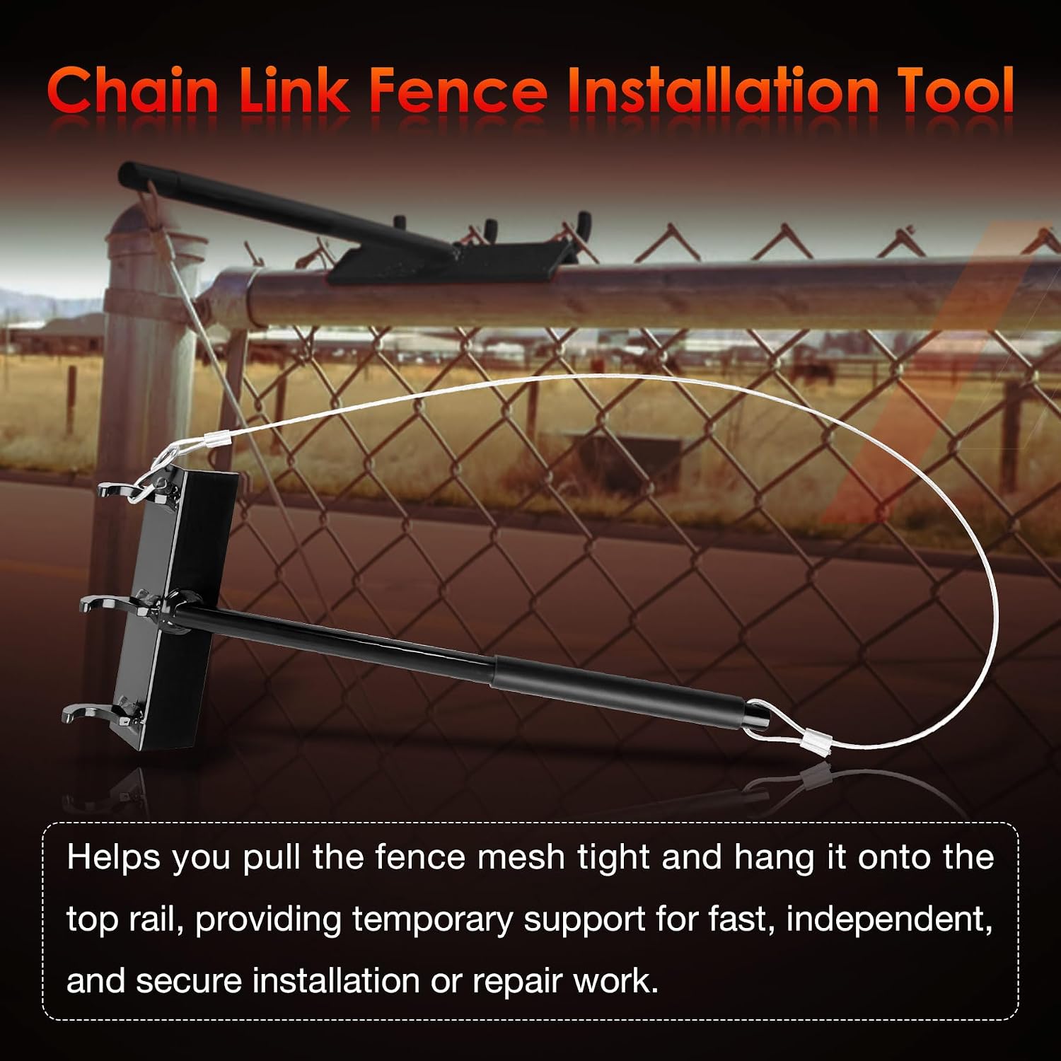 Chain Link Fence Fabric Hanging Tool, Heavy Duty Top Rail Support Tool with Cable Hook & Under-Rail Bracket for Easy