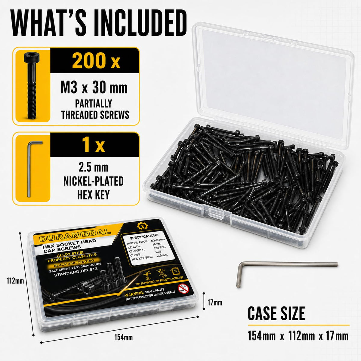M3x30mm Screws 200pcs Hex Socket Cap 12.9 Steel Black Zinc Half Thread