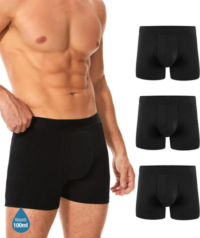 Men's Incontinence Underwear, Leak Proof Washable Reusable Cotton Boxer Brief, Heavy Flow Bladder Leak 3 Pack (Black