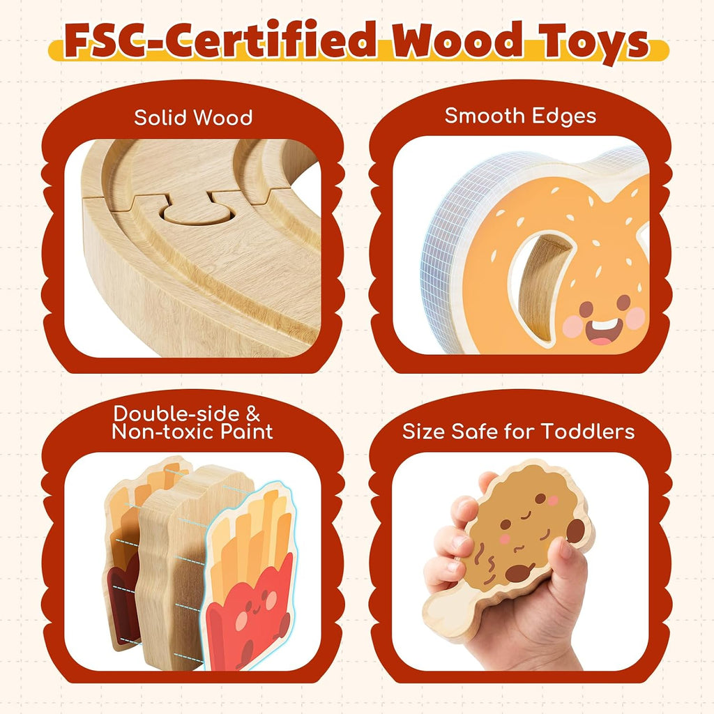 Wooden Train Set for Toddlers, Burger-Themed Train Track Set | Expandable Wooden Railway Playset, Compatible with