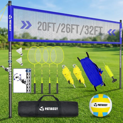 Portable Volleyball Net Set for Backyard, Adjustable Width (32/26/20FT) & Height, Anti-Sag Tension Design for Outdoor